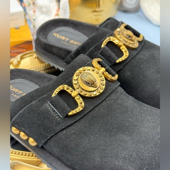 🆕 KURT GEIGER LONDON 🧿 NWOB Kensington Medallion Black Suede Mules, Sz 37 US 7 - Picture 7 of 13